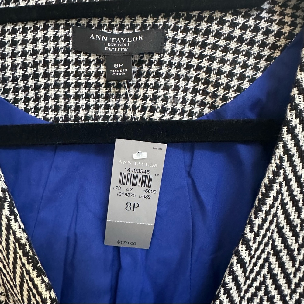 Ann Taylor Jacket Womens Black Wool Blend Blazer Houndstooth Check size 8 Petite - Picture 9 of 11